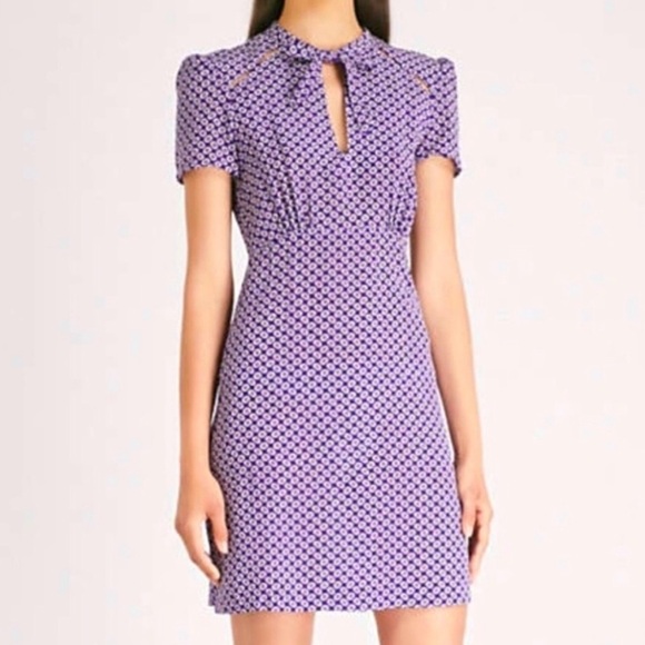 MAJE Ramba Pink Floral Print Tie Neck Front Bow Silk Mini Dress Size Small - Picture 3 of 11